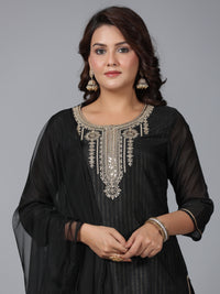 Thumbnail for Juniper Women Black Chanderi Printed with Embroidery Kurta, Pants & Dupatta Set - Distacart