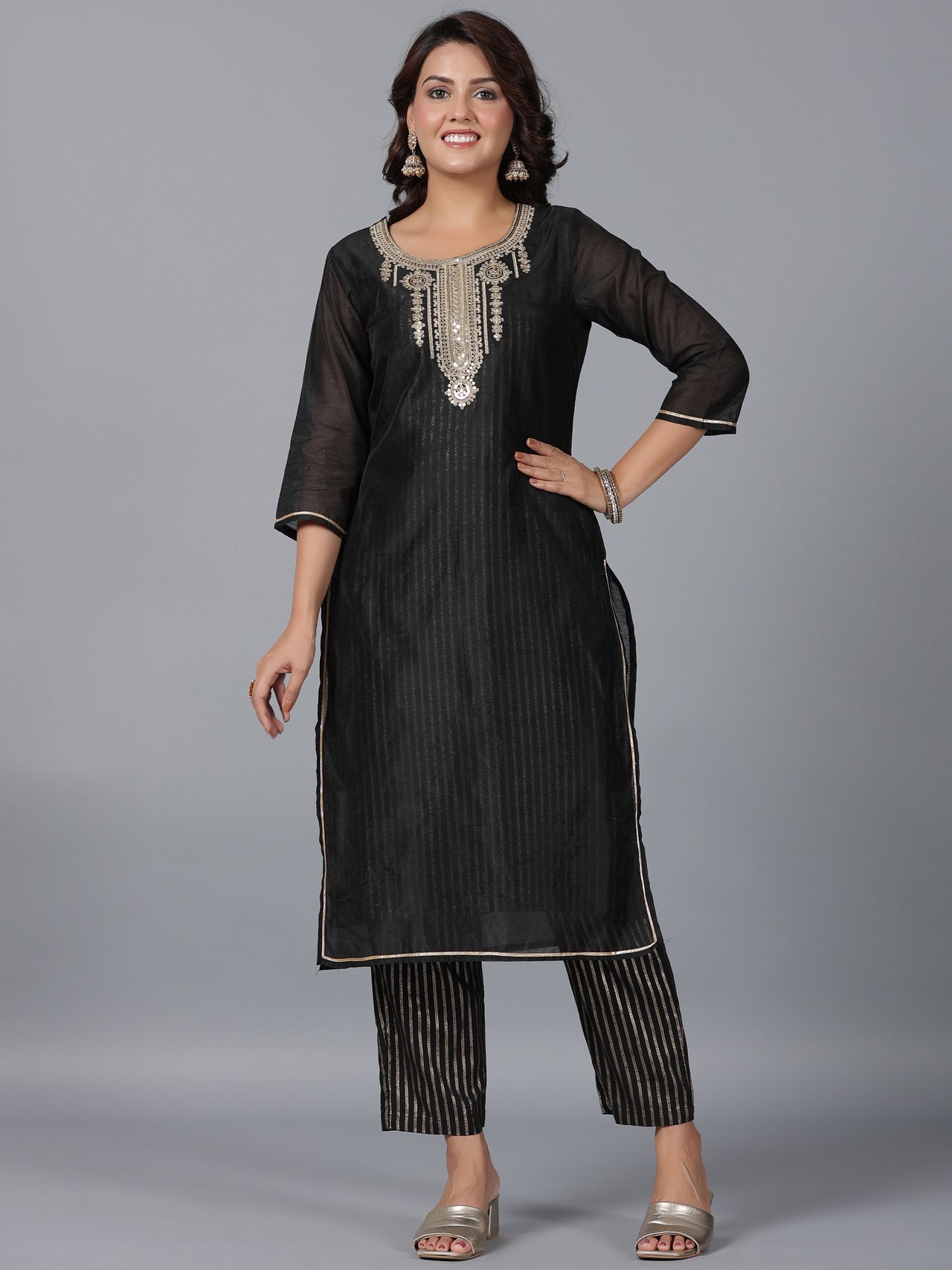 Juniper Women Black Chanderi Printed with Embroidery Kurta, Pants & Dupatta Set - Distacart