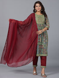 Thumbnail for Juniper Women Green Chiffon Printed with Embroidery Kurta, Pants & Dupatta Set - Distacart