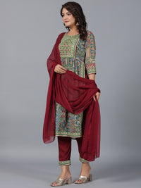 Thumbnail for Juniper Women Green Chiffon Printed with Embroidery Kurta, Pants & Dupatta Set - Distacart