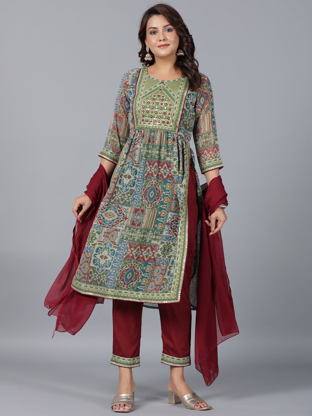 Juniper Women Green Chiffon Printed with Embroidery Kurta, Pants & Dupatta Set - Distacart