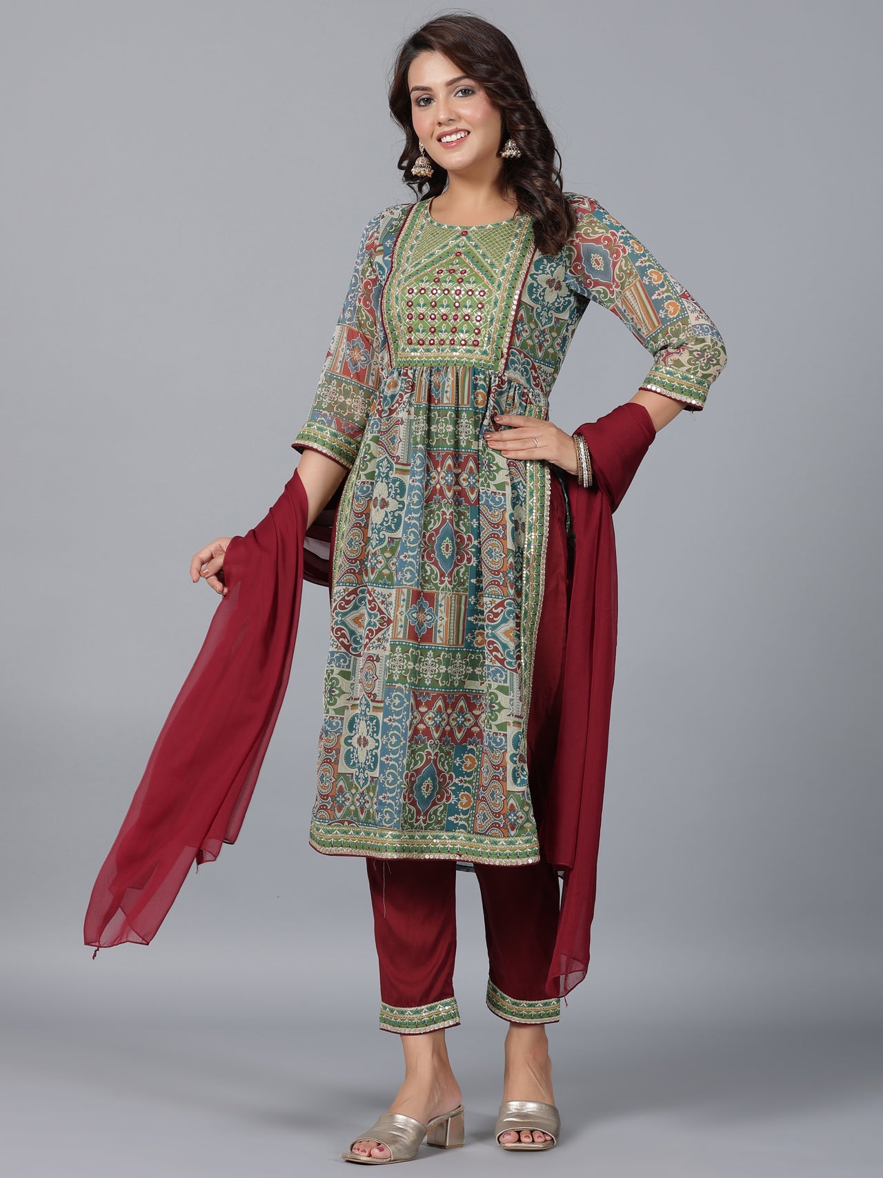 Juniper Women Green Chiffon Printed with Embroidery Kurta, Pants & Dupatta Set - Distacart