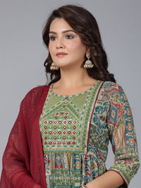 Thumbnail for Juniper Women Green Chiffon Printed with Embroidery Kurta, Pants & Dupatta Set - Distacart