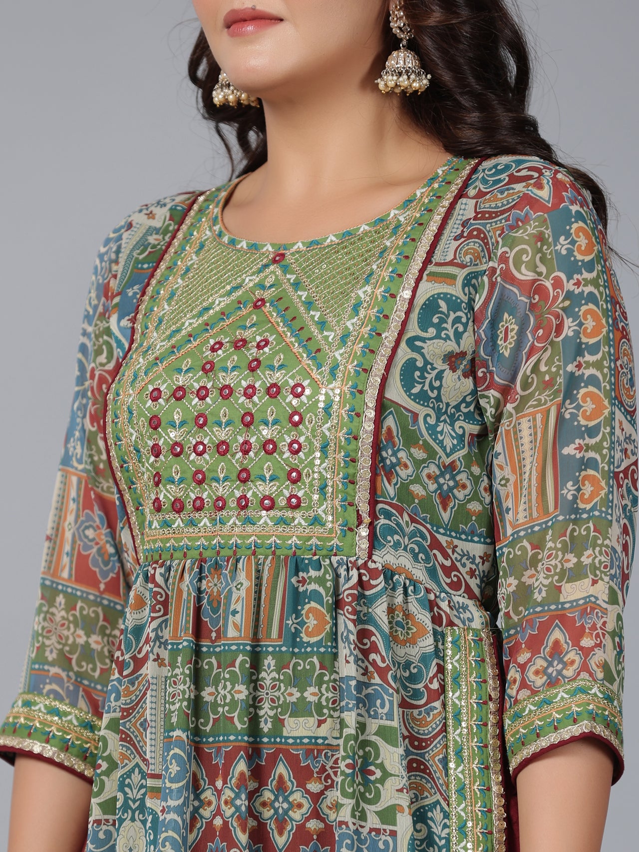 Juniper Women Green Chiffon Printed with Embroidery Kurta, Pants & Dupatta Set - Distacart