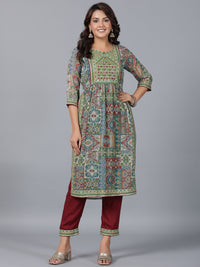 Thumbnail for Juniper Women Green Chiffon Printed with Embroidery Kurta, Pants & Dupatta Set - Distacart