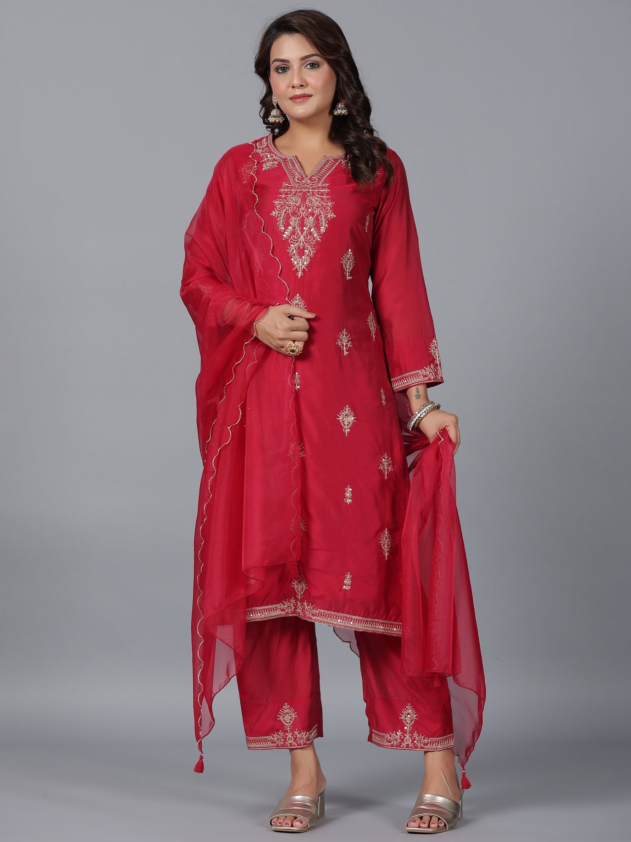 Juniper Women Red Chanderi Embroidered Kurta, Pants & Dupatta Set - Distacart