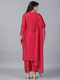 Thumbnail for Juniper Women Red Chanderi Embroidered Kurta, Pants & Dupatta Set - Distacart