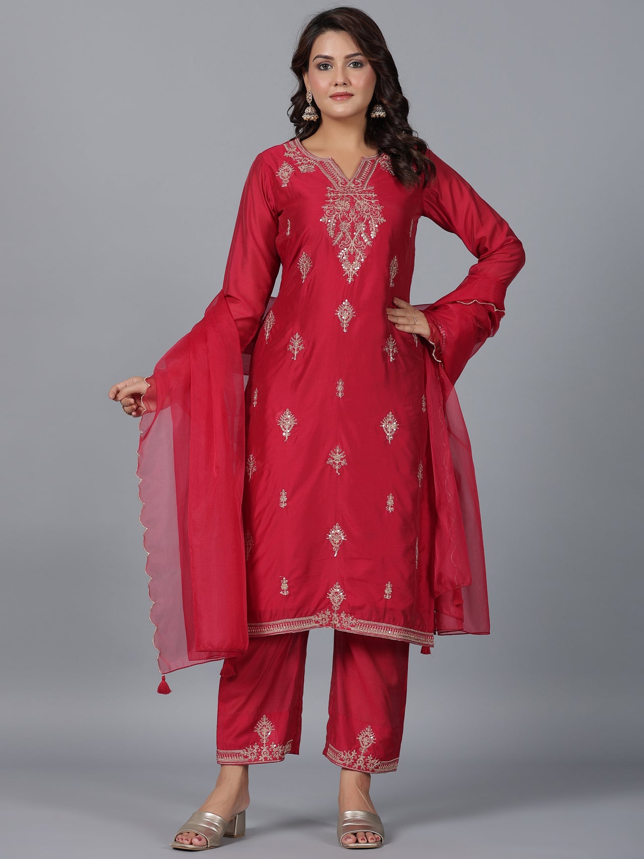 Juniper Women Red Chanderi Embroidered Kurta, Pants & Dupatta Set - Distacart