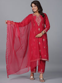 Thumbnail for Juniper Women Red Chanderi Embroidered Kurta, Pants & Dupatta Set - Distacart