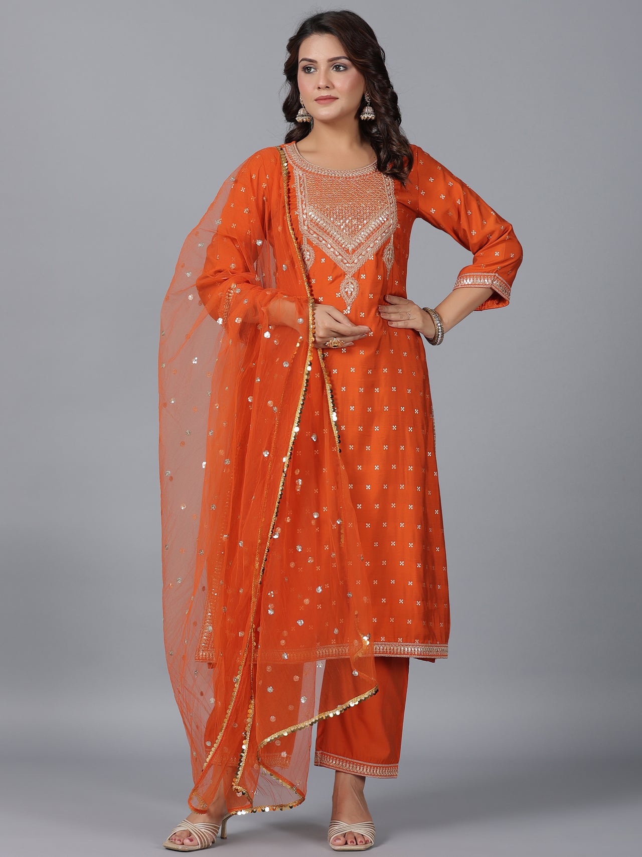 Juniper Women Orange Chanderi Embroidered Kurta, Palazzo & Dupatta Set - Distacart