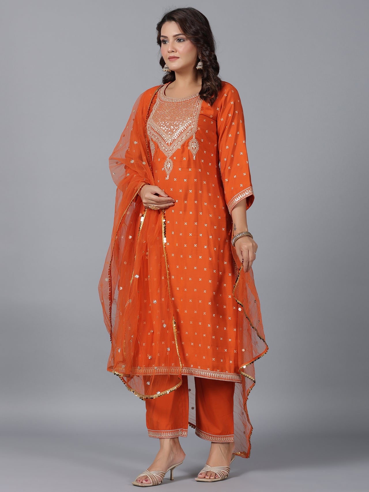 Juniper Women Orange Chanderi Embroidered Kurta, Palazzo & Dupatta Set - Distacart