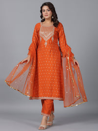 Thumbnail for Juniper Women Orange Chanderi Embroidered Kurta, Palazzo & Dupatta Set - Distacart