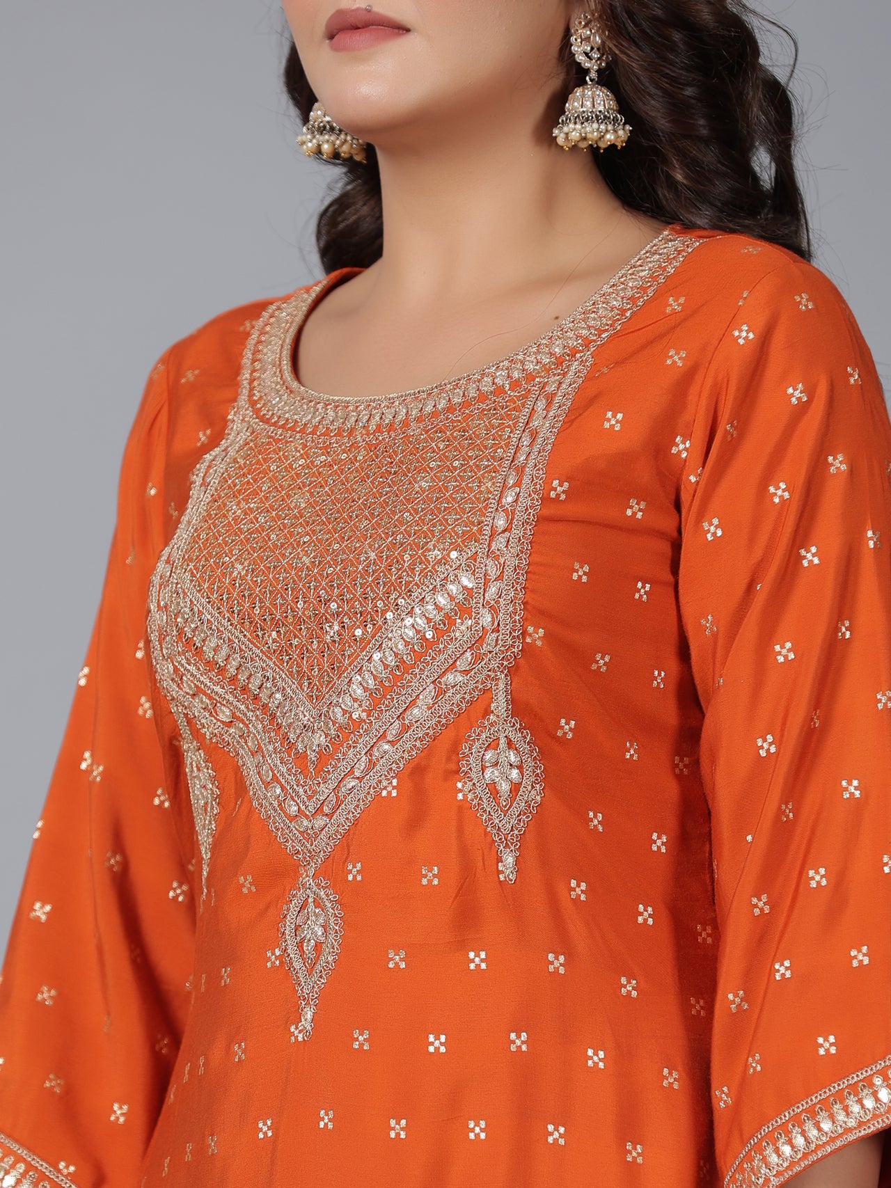 Juniper Women Orange Chanderi Embroidered Kurta, Palazzo & Dupatta Set - Distacart