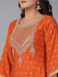 Thumbnail for Juniper Women Orange Chanderi Embroidered Kurta, Palazzo & Dupatta Set - Distacart