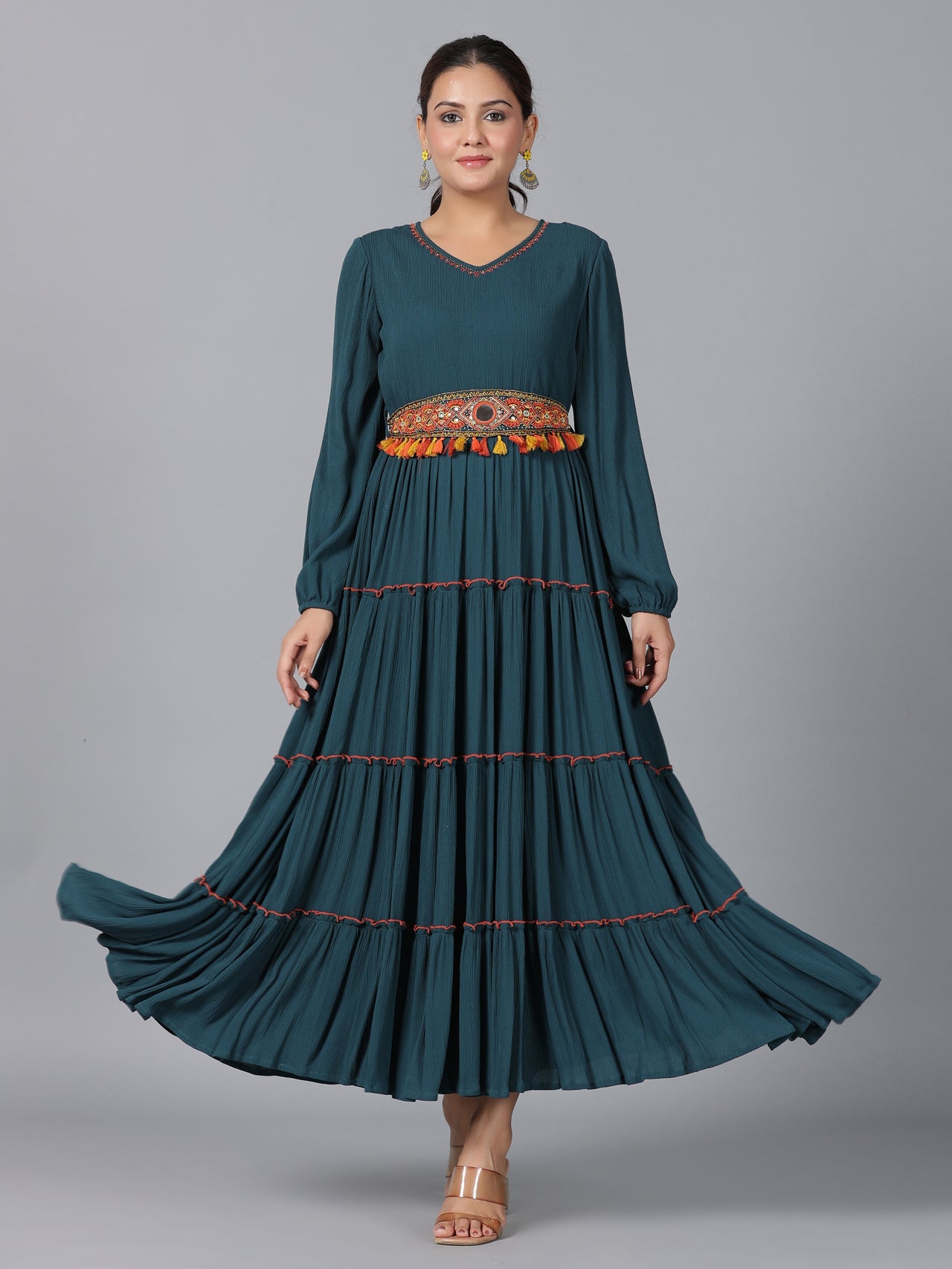 Buy Juniper Women Bottle Green Rayon Crepe Tiered Maxi Dress Online at Best  Price | Distacart