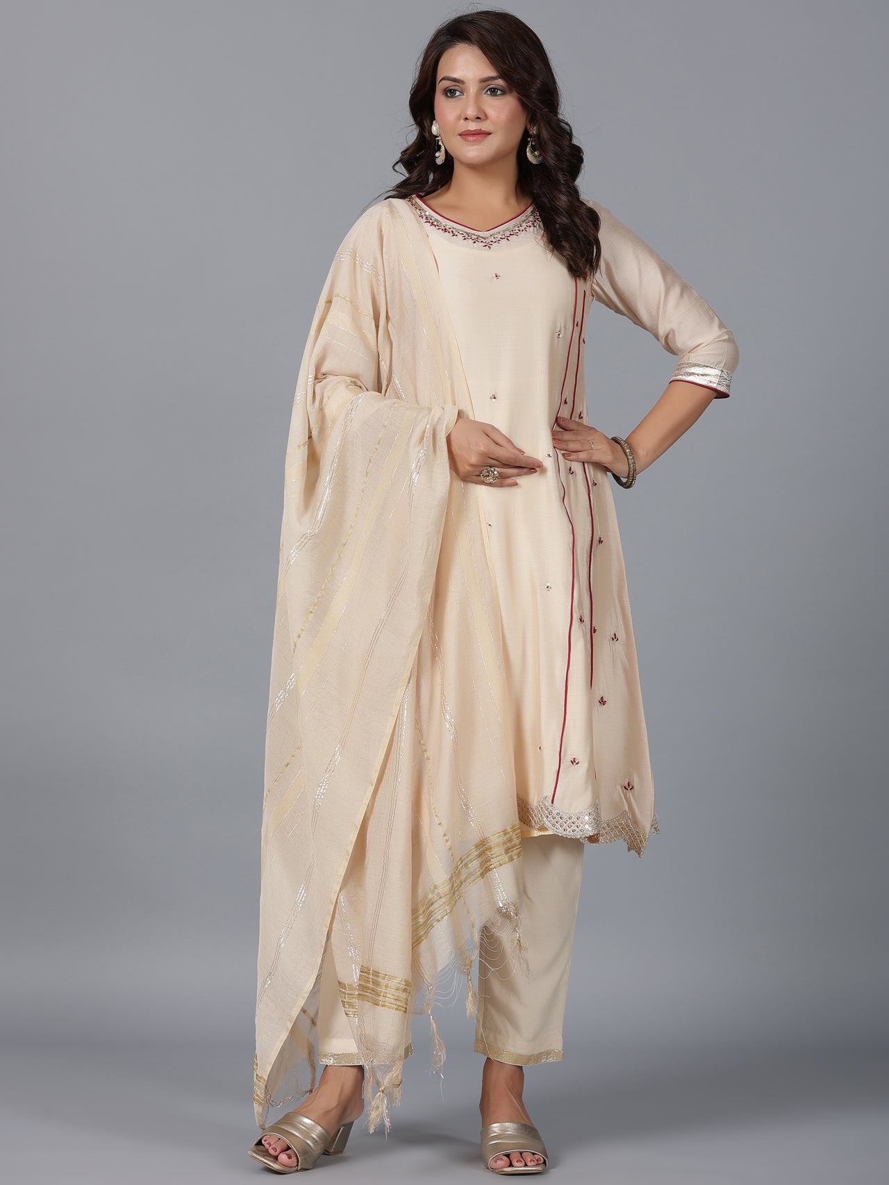 Juniper Women Beige Chanderi Embroidered Kurta, Pants & Dupatta Set - Distacart