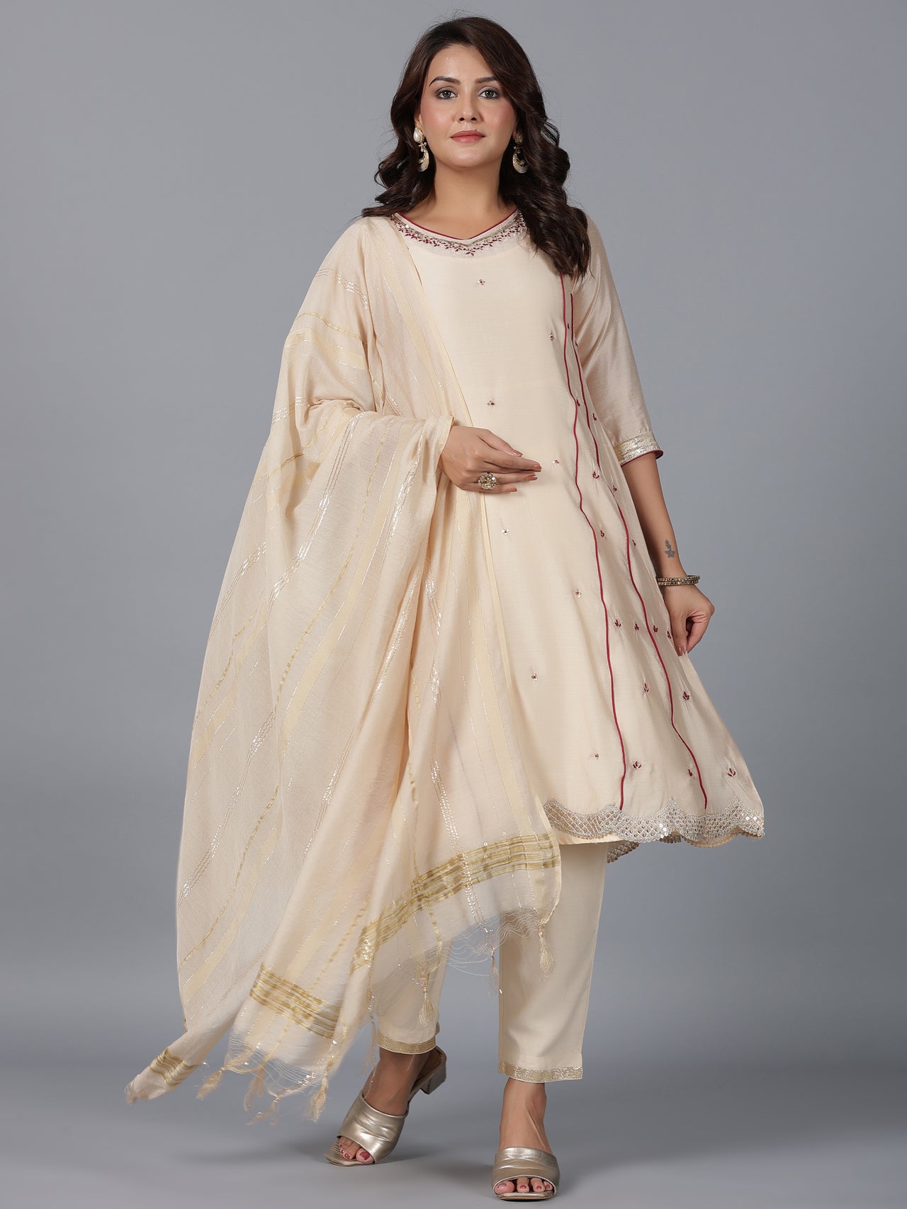 Juniper Women Beige Chanderi Embroidered Kurta, Pants & Dupatta Set - Distacart