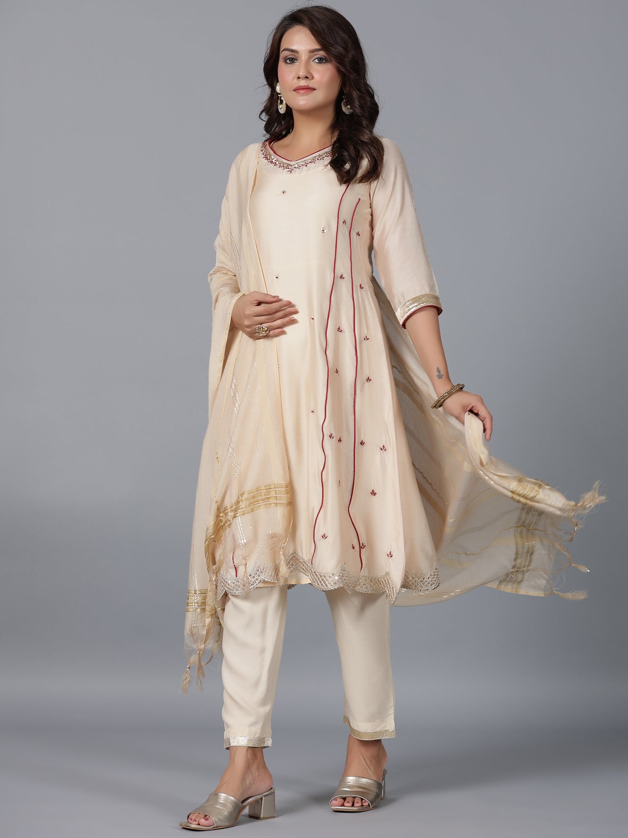 Juniper Women Beige Chanderi Embroidered Kurta, Pants & Dupatta Set - Distacart