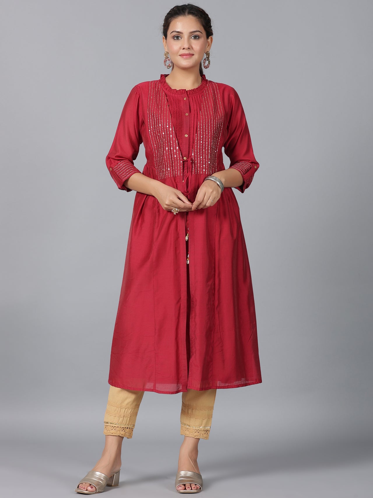 Juniper Women Maroon Chanderi Embroidered Jacket Style Kurta Dress - Distacart