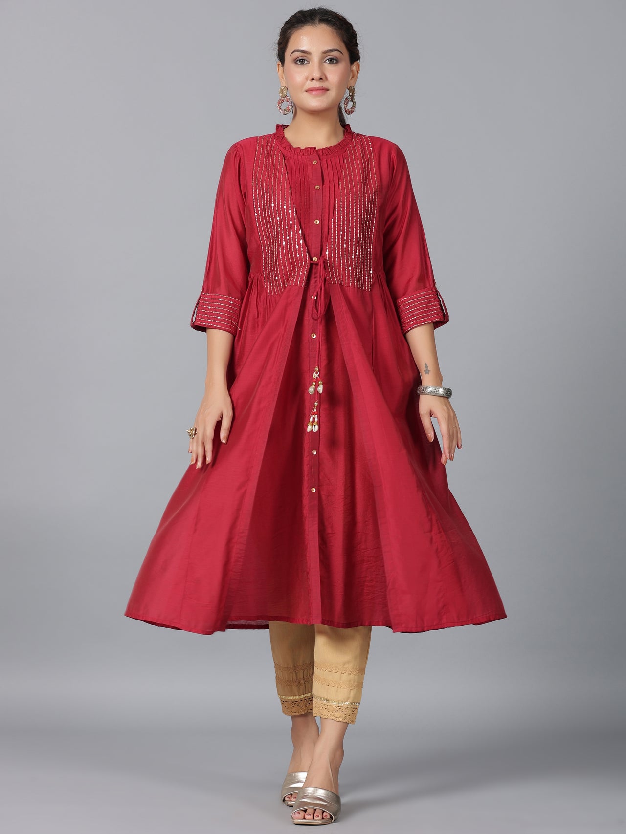 Juniper Women Maroon Chanderi Embroidered Jacket Style Kurta Dress - Distacart