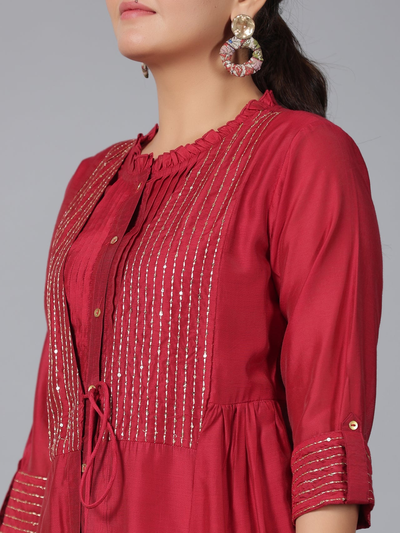 Juniper Women Maroon Chanderi Embroidered Jacket Style Kurta Dress - Distacart