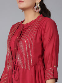 Thumbnail for Juniper Women Maroon Chanderi Embroidered Jacket Style Kurta Dress - Distacart