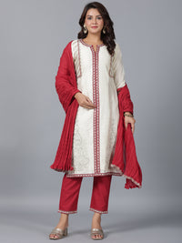 Thumbnail for Juniper Women Ivory Chanderi Embroidered Kurta, Pants & Dupatta Set - Distacart