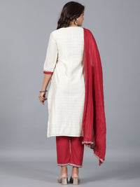 Thumbnail for Juniper Women Ivory Chanderi Embroidered Kurta, Pants & Dupatta Set - Distacart