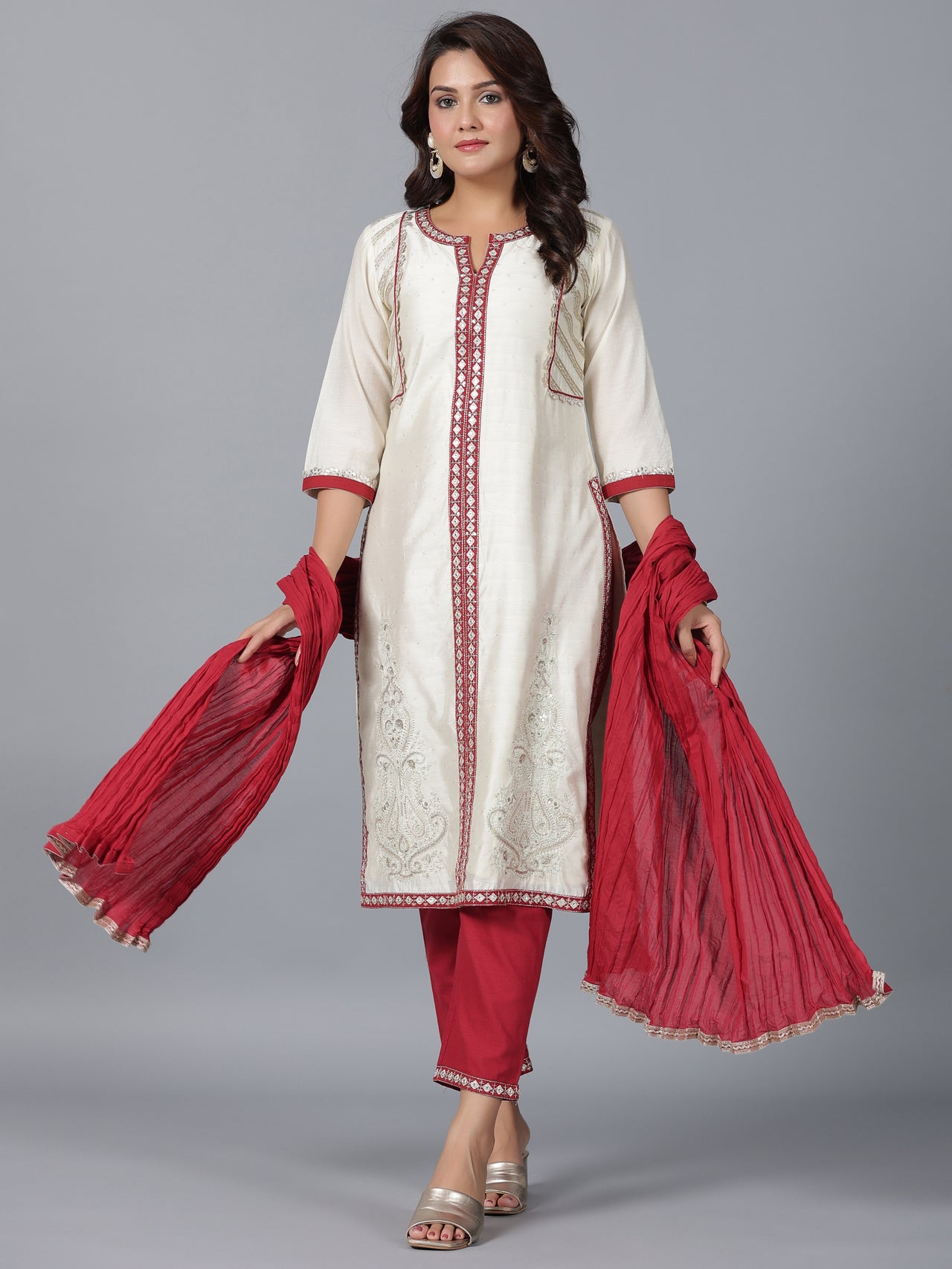 Juniper Women Ivory Chanderi Embroidered Kurta, Pants & Dupatta Set - Distacart