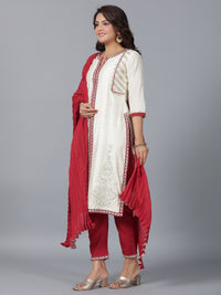 Thumbnail for Juniper Women Ivory Chanderi Embroidered Kurta, Pants & Dupatta Set - Distacart