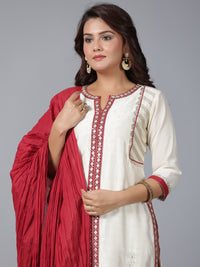 Thumbnail for Juniper Women Ivory Chanderi Embroidered Kurta, Pants & Dupatta Set - Distacart