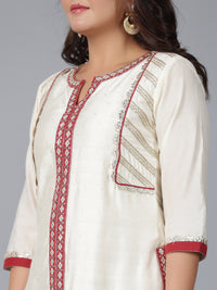 Thumbnail for Juniper Women Ivory Chanderi Embroidered Kurta, Pants & Dupatta Set - Distacart