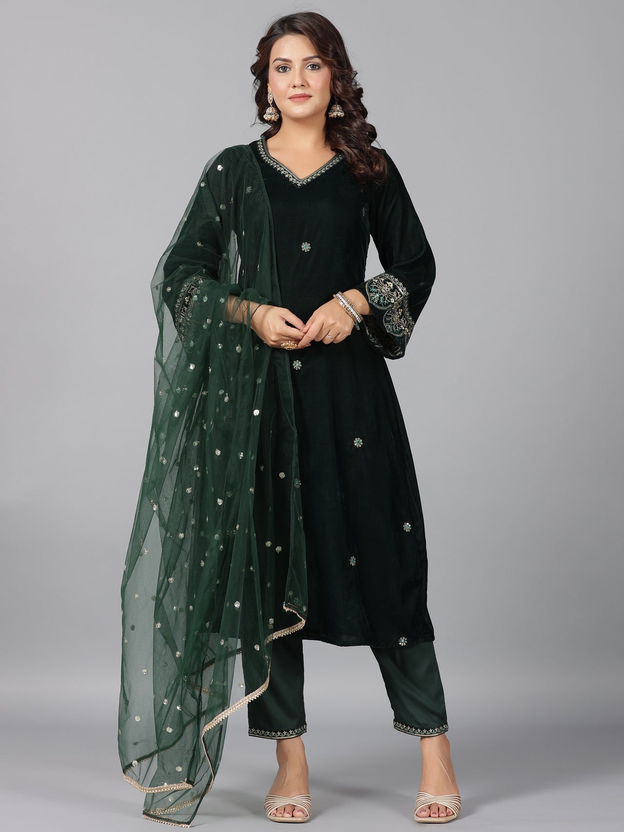 Juniper Women Bottlegreen Velvet Embroidered Kurta, Pants & Dupatta Set - Distacart