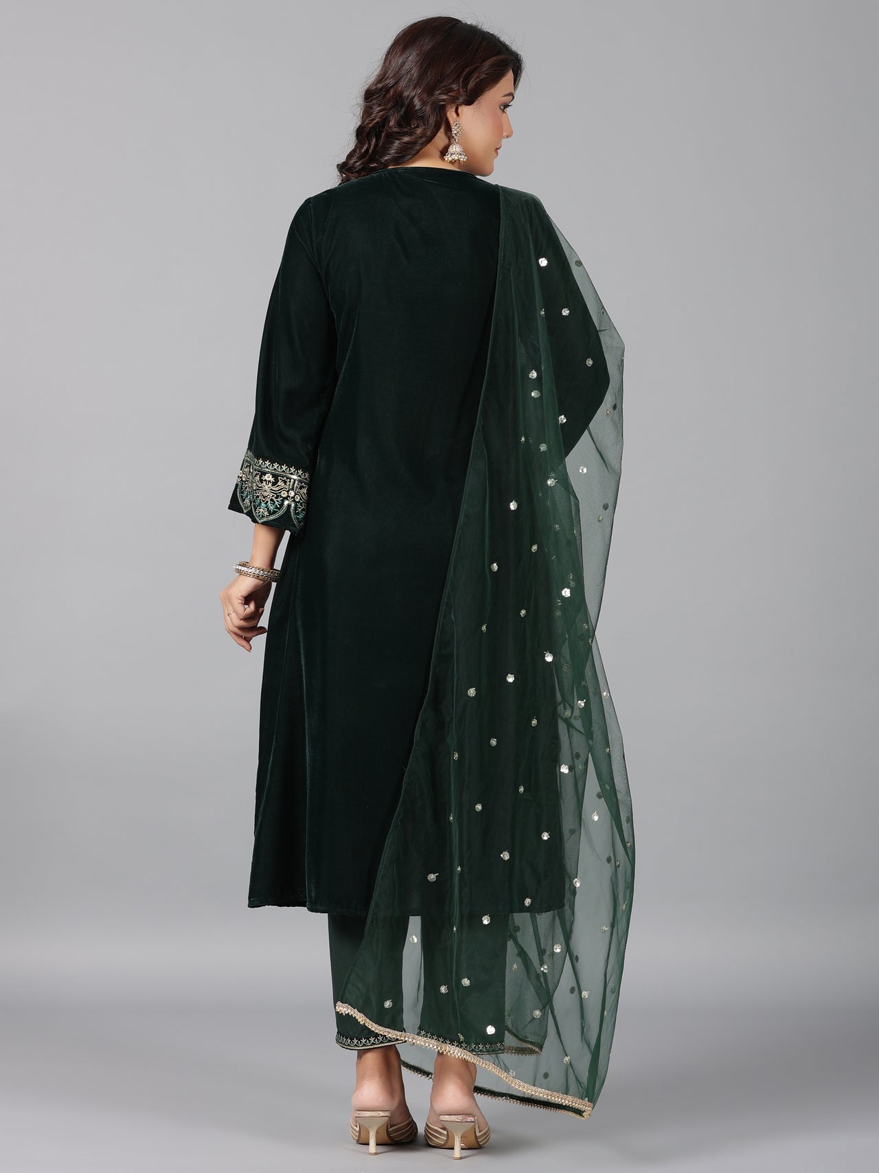 Juniper Women Bottlegreen Velvet Embroidered Kurta, Pants & Dupatta Set - Distacart