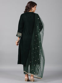 Thumbnail for Juniper Women Bottlegreen Velvet Embroidered Kurta, Pants & Dupatta Set - Distacart