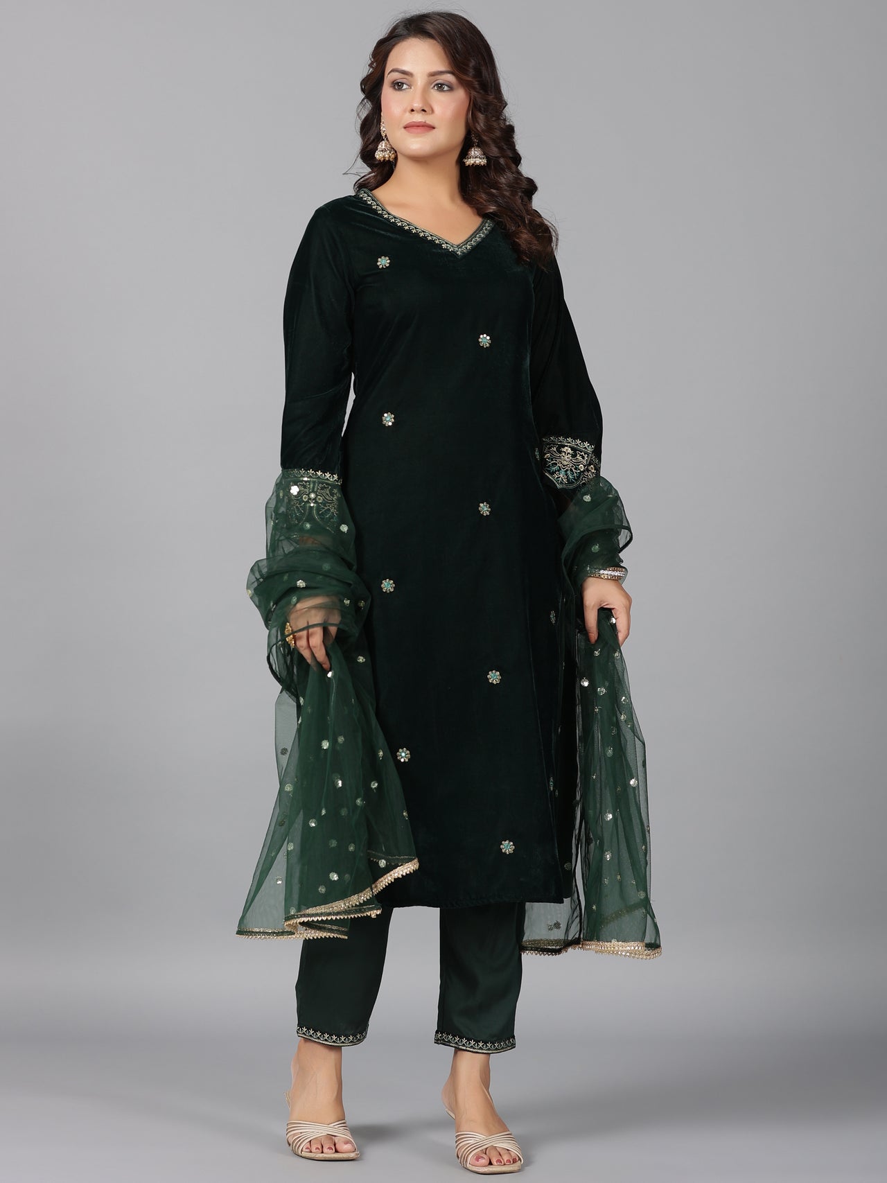 Juniper Women Bottlegreen Velvet Embroidered Kurta, Pants & Dupatta Set - Distacart