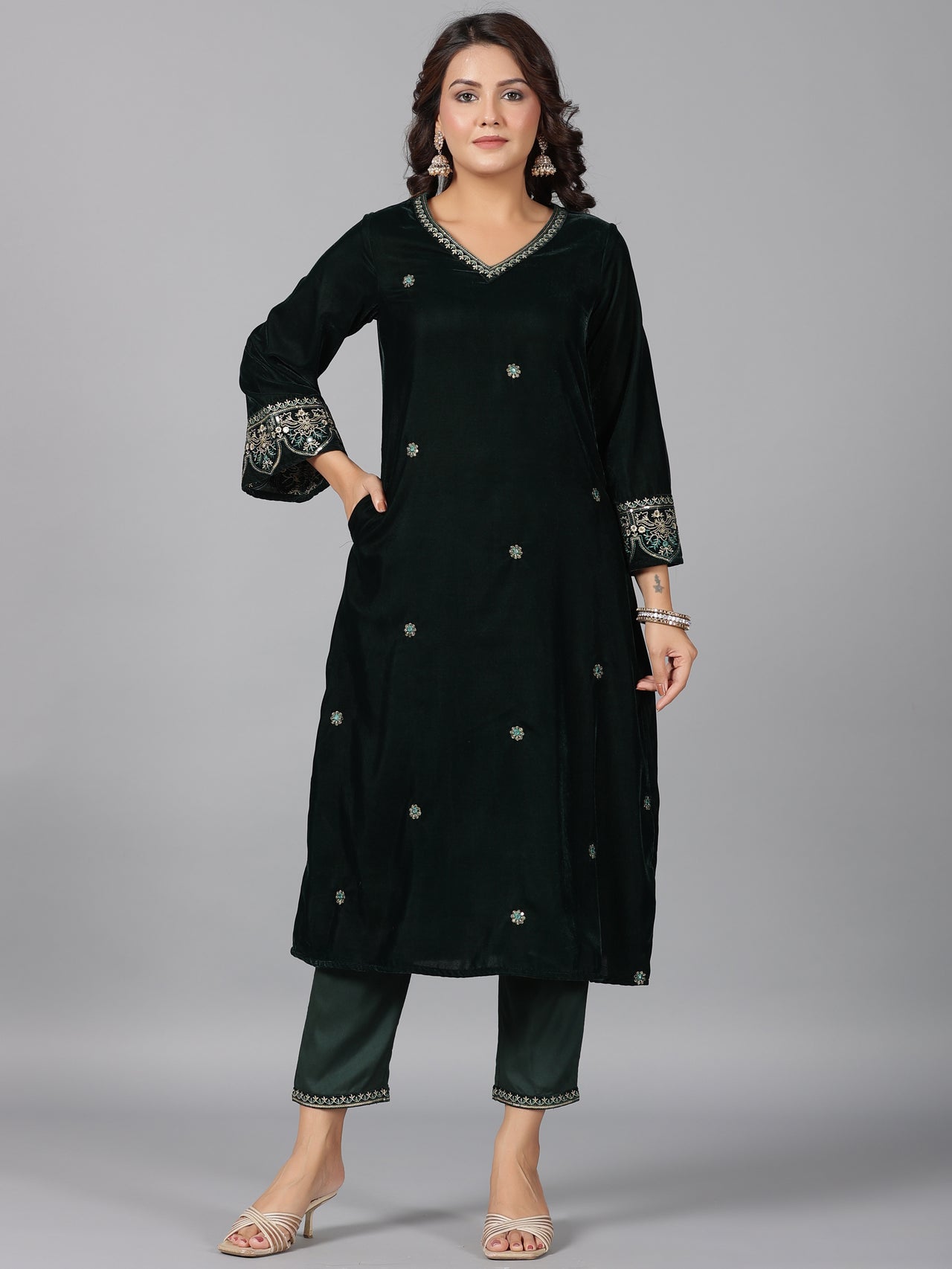 Juniper Women Bottlegreen Velvet Embroidered Kurta, Pants & Dupatta Set - Distacart