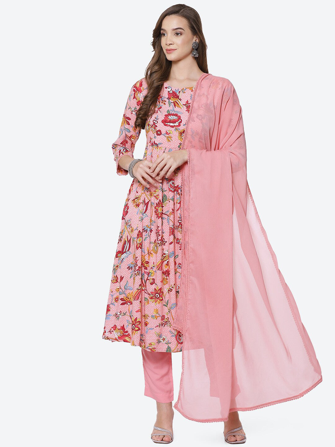 Biba Women Pink Floral Printed High Slit Kurta with Trousers & With Dupatta - Distacart