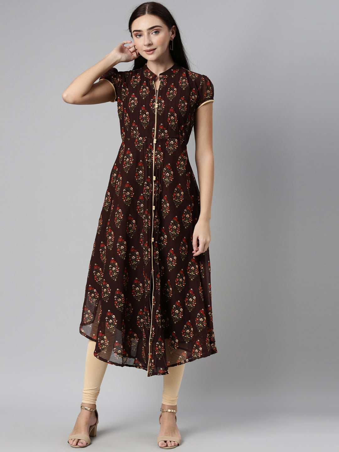 Souchii Women Brown & Red Floral Printed Block Print Kurta - Distacart