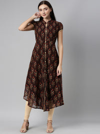 Thumbnail for Souchii Women Brown & Red Floral Printed Block Print Kurta - Distacart