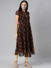 Thumbnail for Souchii Women Brown & Red Floral Printed Block Print Kurta - Distacart