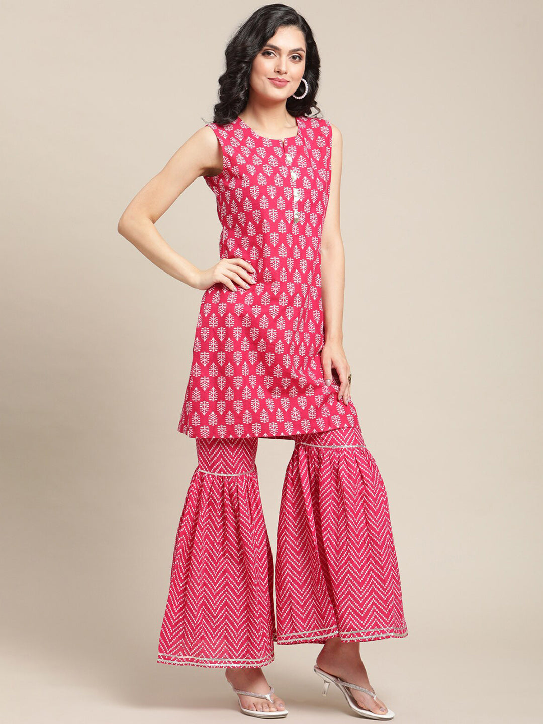 Varanga Pink Ethnic Motifs Yoke Design Regular Gotta Patti Pure Cotton Kurta with Sharara & Dupatta - Distacart