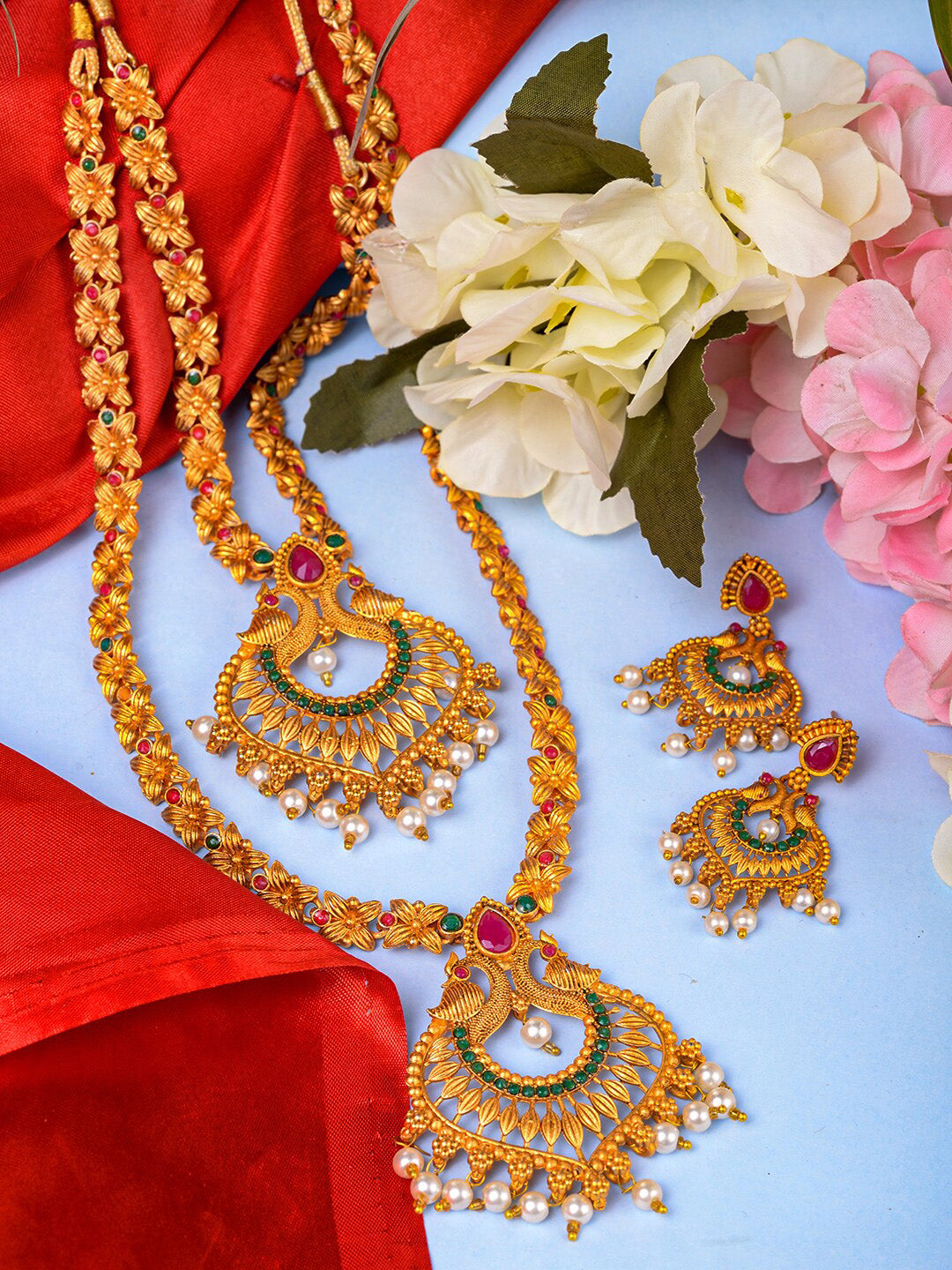 Saraf RS Jewellery Gold-Plated Red & Green Bridal Temple Jewellery Set - Distacart
