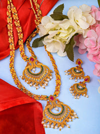 Thumbnail for Saraf RS Jewellery Gold-Plated Red & Green Bridal Temple Jewellery Set - Distacart