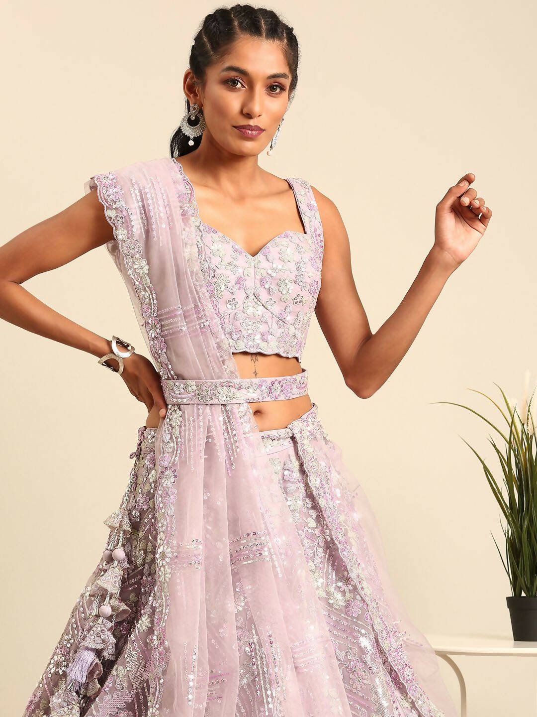 House of Panchhi Lavender Net Sequins and Zarkan embroidery Lehenga choli & Dupatta - Distacart