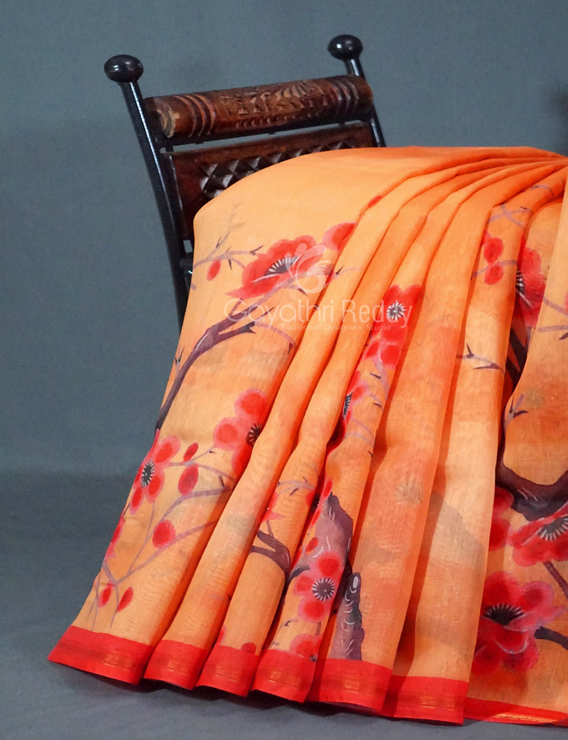 Shades of Light Orange Floral Print Semi Chanderi Saree By Gayathri Reddy Designer Studio - Distacart