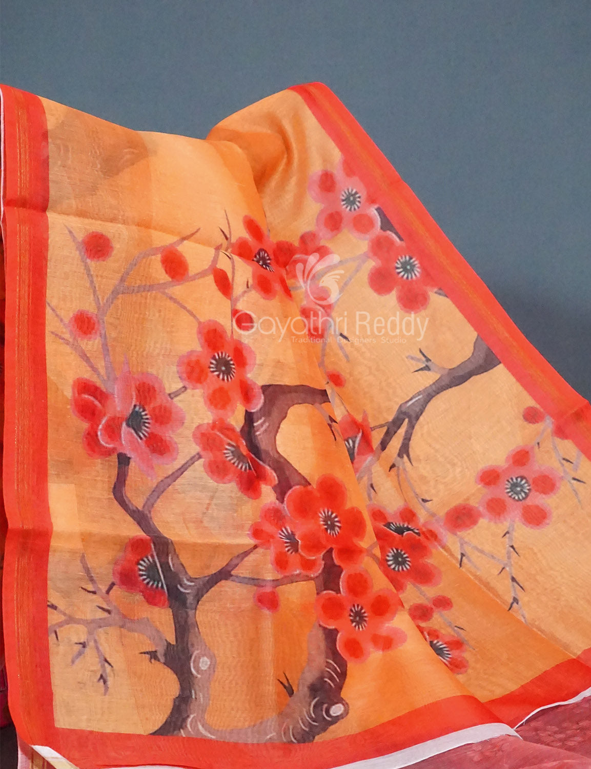 Shades of Light Orange Floral Print Semi Chanderi Saree By Gayathri Reddy Designer Studio - Distacart