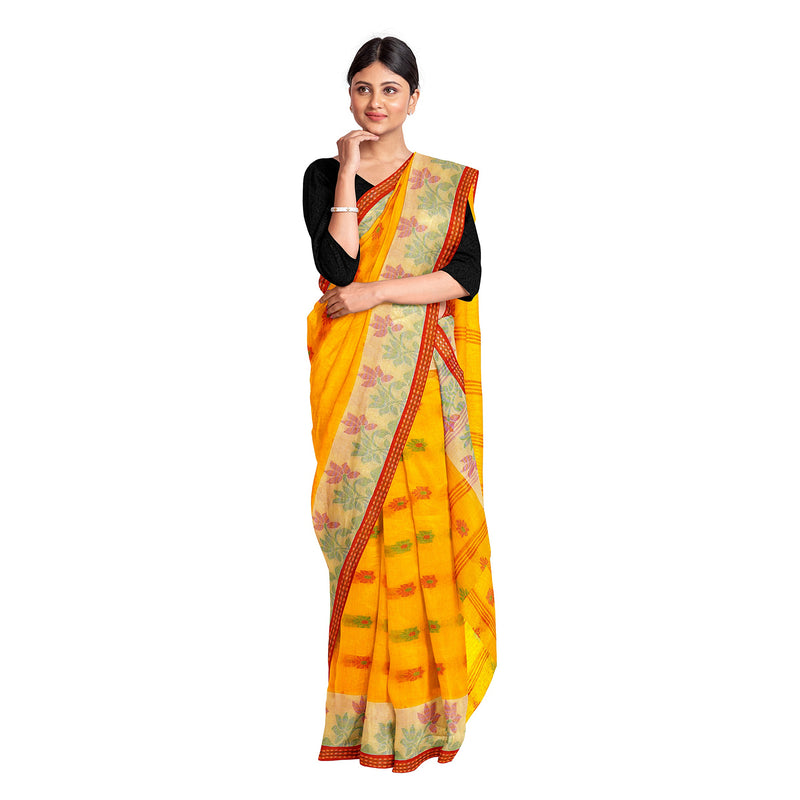 Cotton Designer Tant Saree Yellow With Red Buti Work