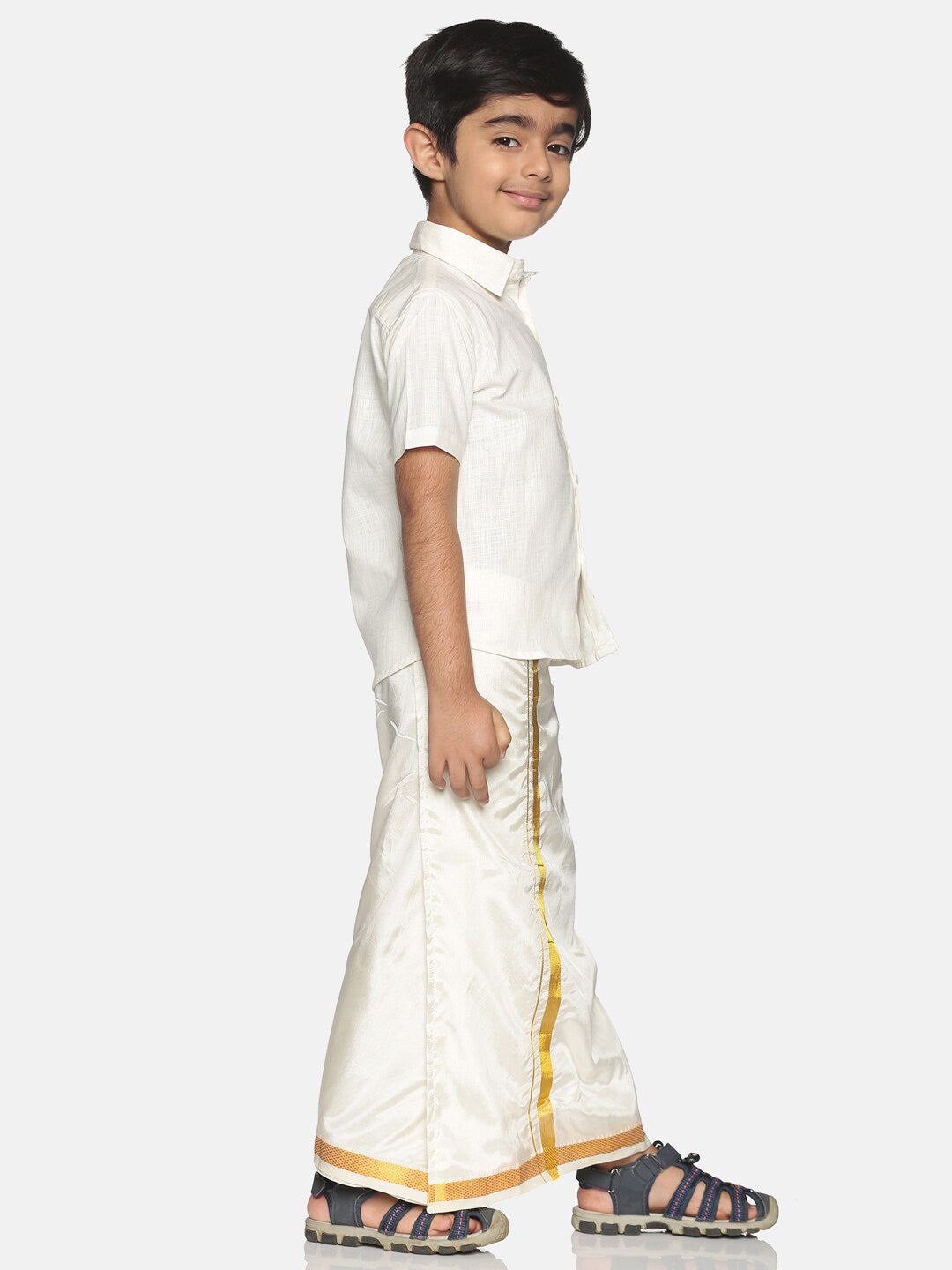 Sethukrishna Boys Cream-Coloured Solid Shirt with Veshti Set - Distacart