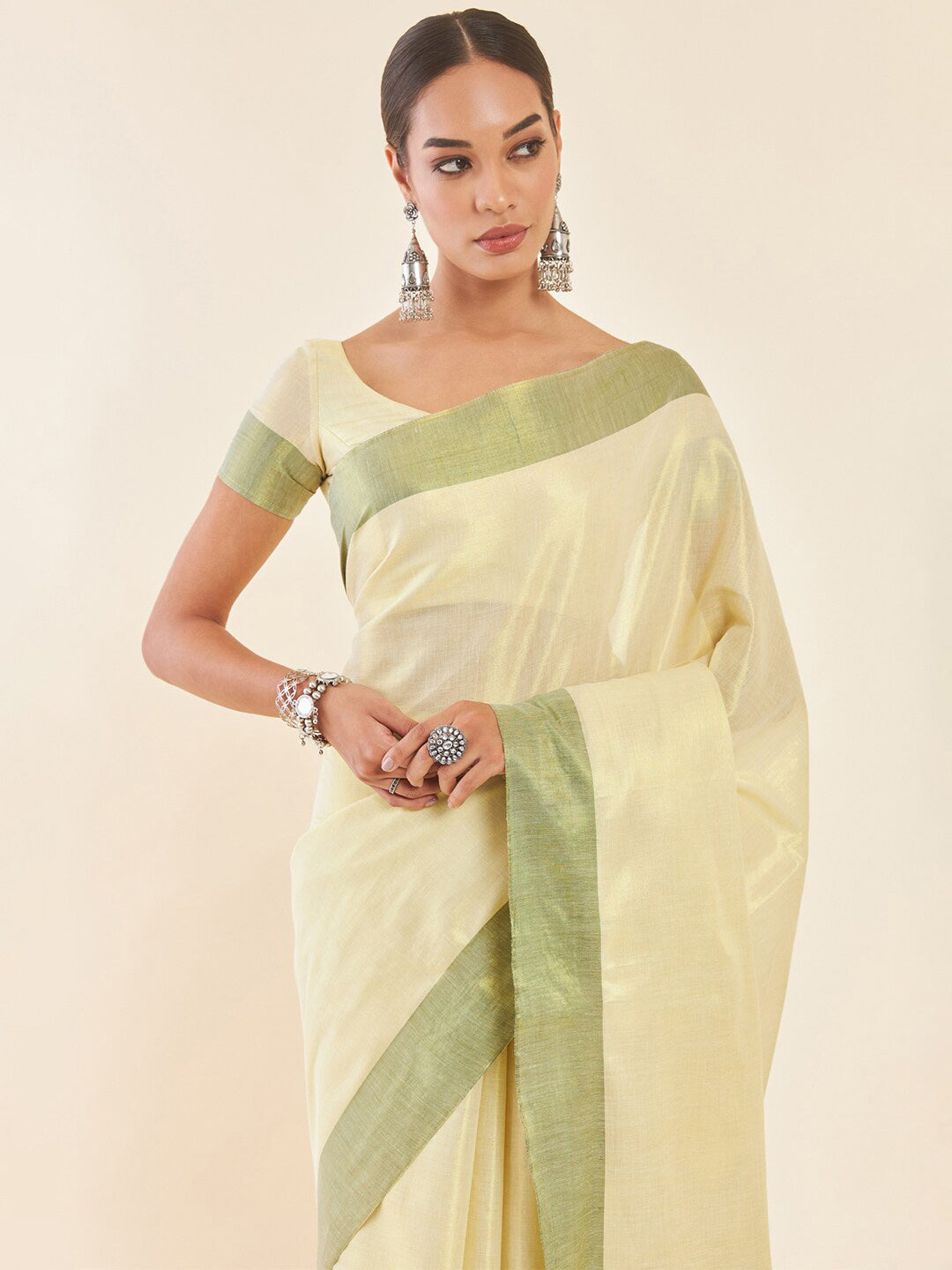 Soch Off White & Green Woven Design Zari Tissue Kasavu Saree - Distacart